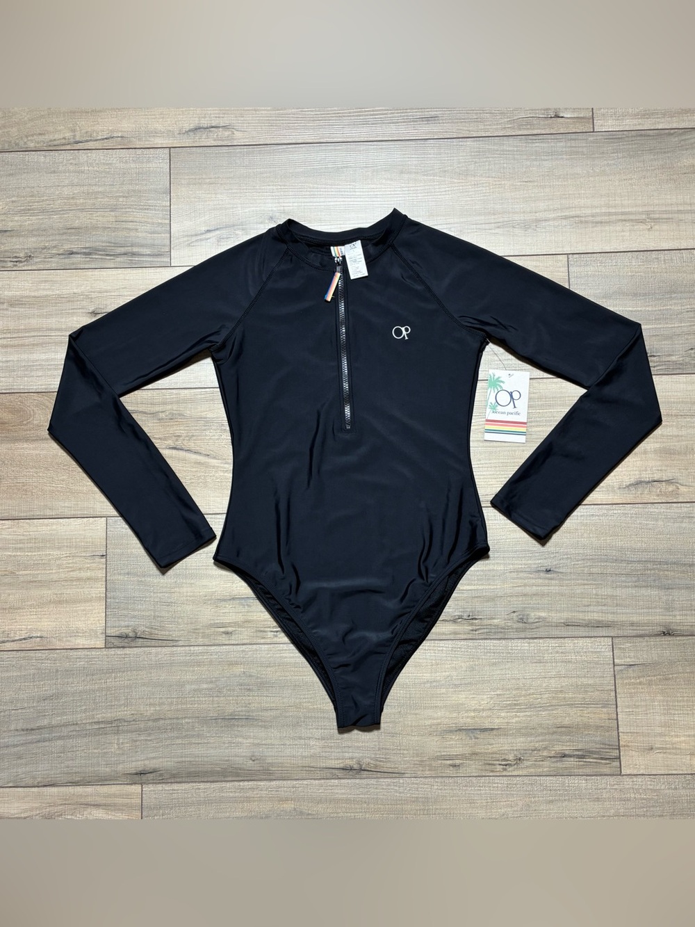 Ocean Pacific Women Long Sleeve One Piece Swimsuit Half Zip Size Large Black